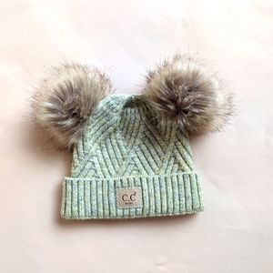 C.C Green Knit Beanie with Brown Pom Poms